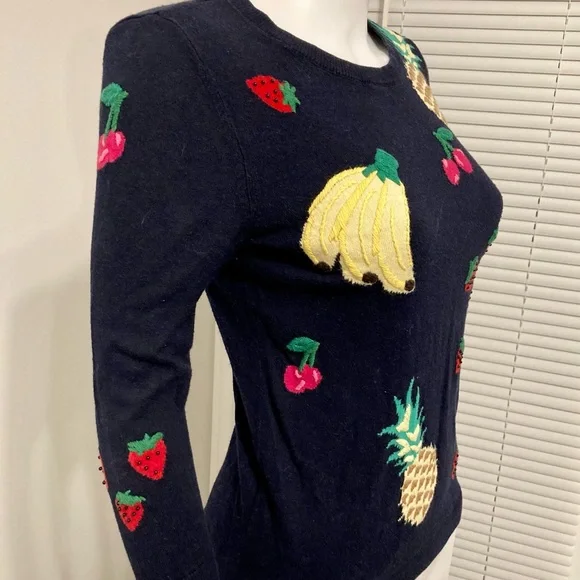 Talbots Sweater Fruit Print Embellished 3/4 Sleeves Navy Cotton Blend Size- XS - Picture 3 of 12